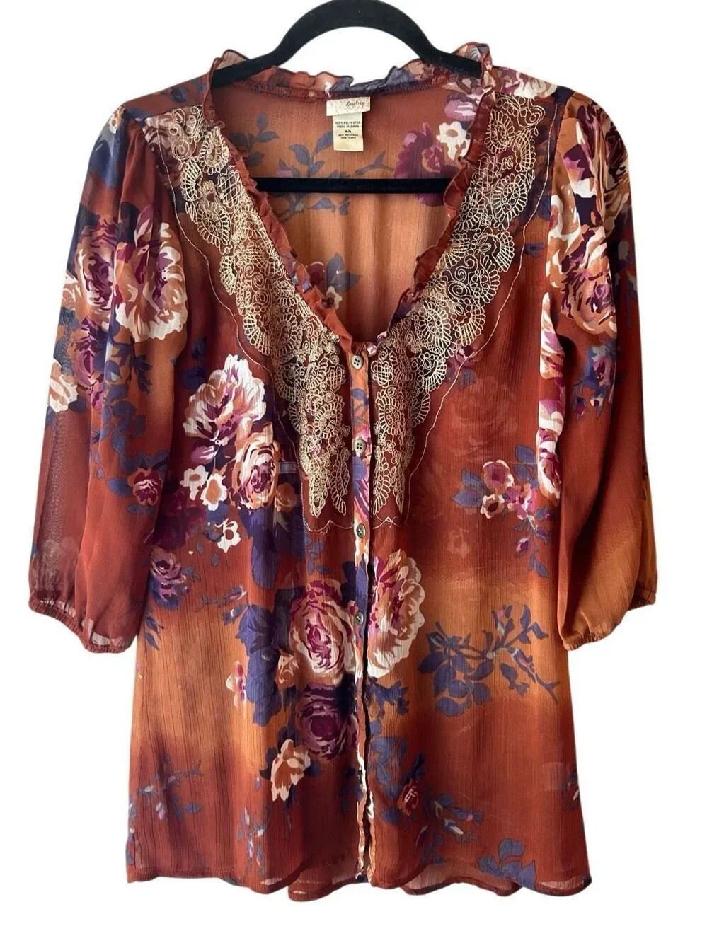 Vintage Y2K Daytrip Floral Sheer Boho Blouse – Lace Trim sz M – Phoebe Coquette